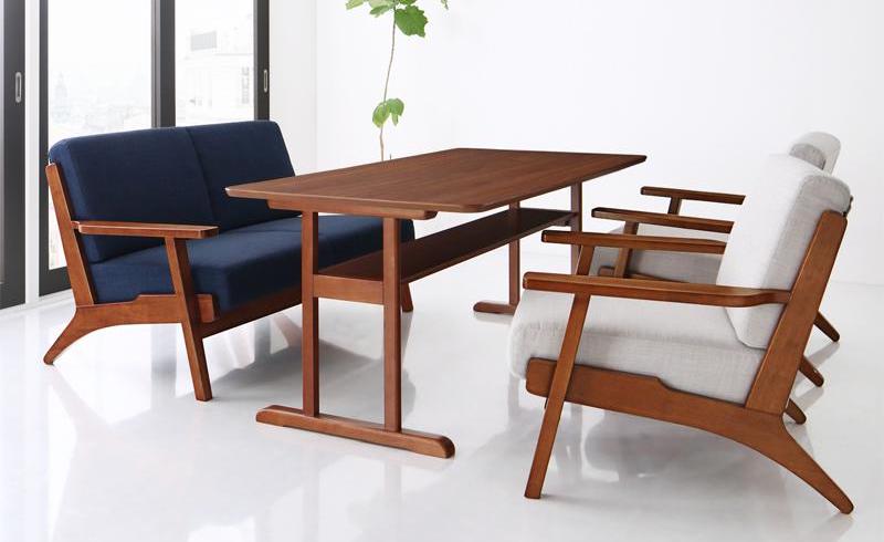 T字脚の棚付テーブルに、木フレームのデザインソファの北欧デザインソファダイニングセット 3点セット(テーブル+2Pソファ2脚) W120 |  一人暮らしのインテリア通販 mottie（モッティ）